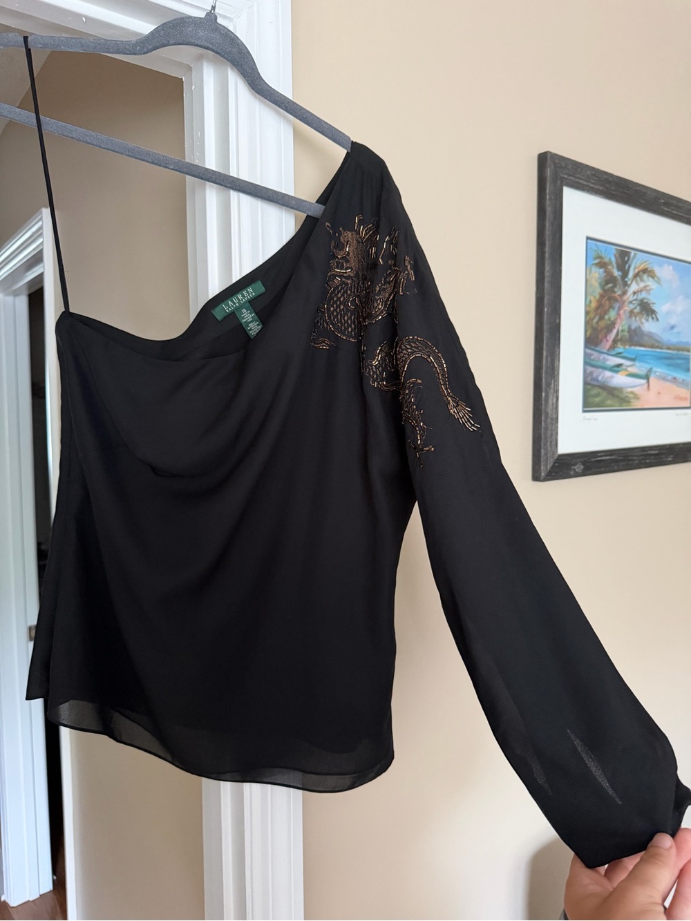 NWOT Ralph Lauren Black One-Shoulder Beaded Dragon Blouse